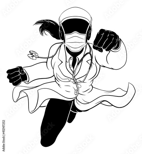 A doctor super hero woman in silhouette flying while wearing PPE mask