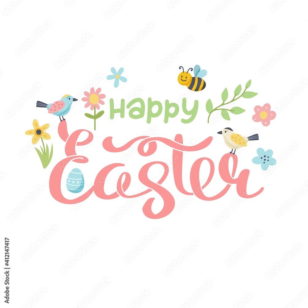 Happy easter lettering with birds, bees and flowers. Cute hand drawn vector illustration, card template Happy easter lettering with birds, bees and flowers. Cute hand drawn vector illustration, card template