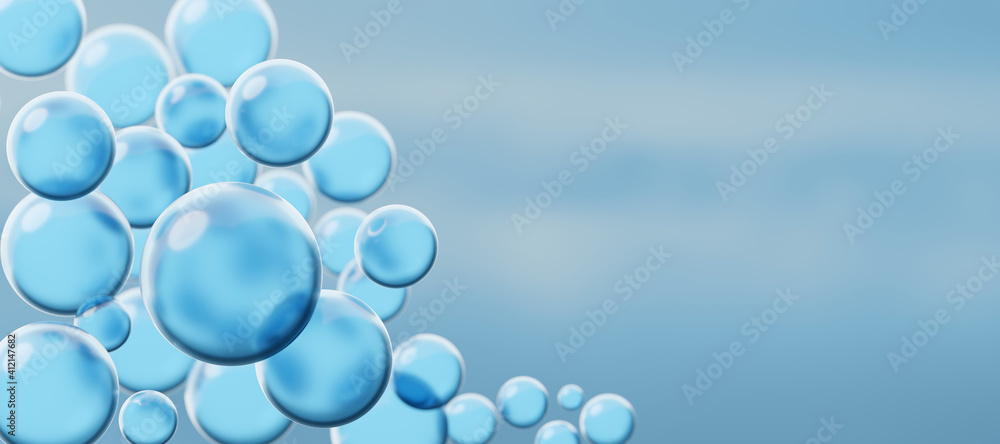Blue flying ball on a blue sky background. Transparent glossy spheres. Abstract background with floating 3d bubbles. Monotone minimalistic wallpaper for copy space.