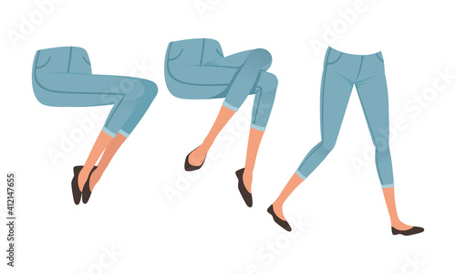 Female Legs in Denim Breeches and Shoes in Various Poses Set, Girl Character Creation Detail Cartoon Vector Illustration