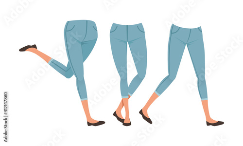 Slim Girl Legs in Denim Breeches in Various Poses Set, Female Person Character Creation Detail Cartoon Vector Illustration