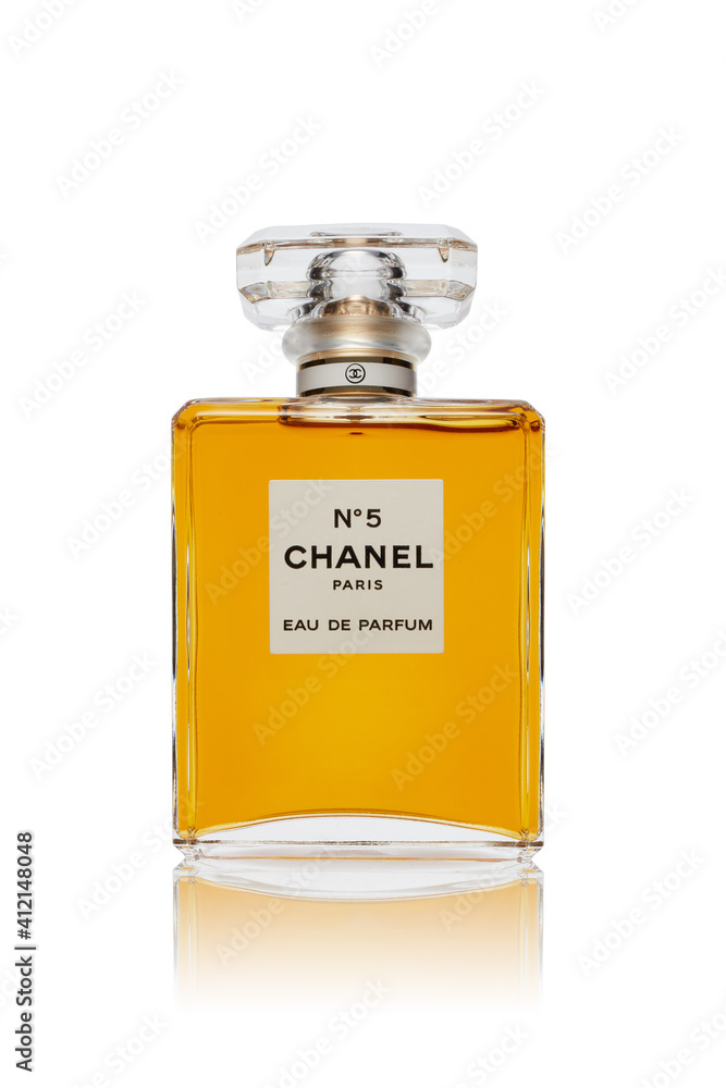 Bottle of perfume Chanel № 5. white background. Coco Chanel de | Adobe Stock