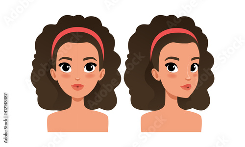 Cute Brunette Girl with Curly Hair, Pretty Young Woman Character Creation Detail, Female Person Avatar Cartoon Vector Illustration