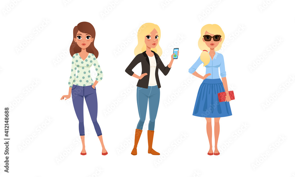 Beautiful Stylish Girls in Fashionable Clothes Set, Young Women Wearing Trendy Outfit Cartoon Vector Illustration Beautiful Stylish Girls in Fashionable Clothes Set, Young Women Wearing Trendy Outfit Cartoon Vector Illustration
