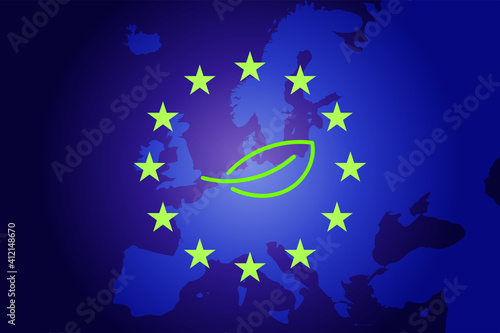 green leaf and EU map and flag background. Vector eco concept