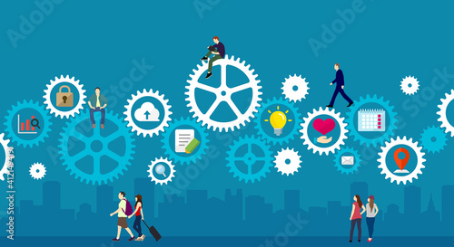 Business concept illustration banner. Gear wheel (technology) and people’s life.