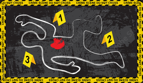 Dead body with blood. Chalk outlined murder victim illustration with evidence markers and police tape. Crime scene grungy background.