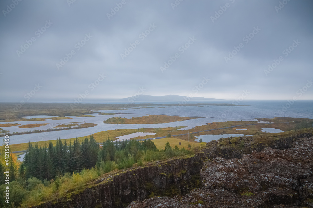 Landscape view above a rift valley at Thingvellir National Park, Iceland.