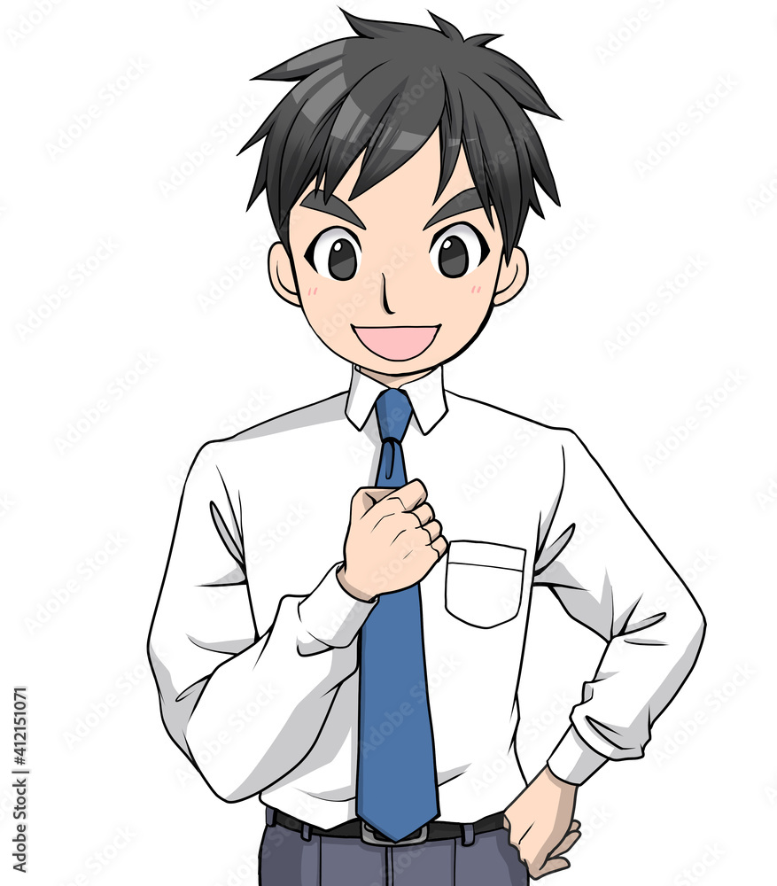 胸にこぶしをあてて話すワイシャツにネクタイの男性