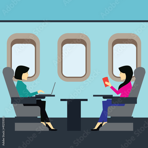 businesswomen passenger doing work on airplane business class cabin. vector illustration
