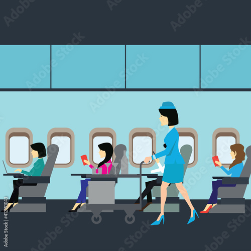 flight attendants on airplane business class cabin with passengers doing work on airplane business class cabin. vector illustration
