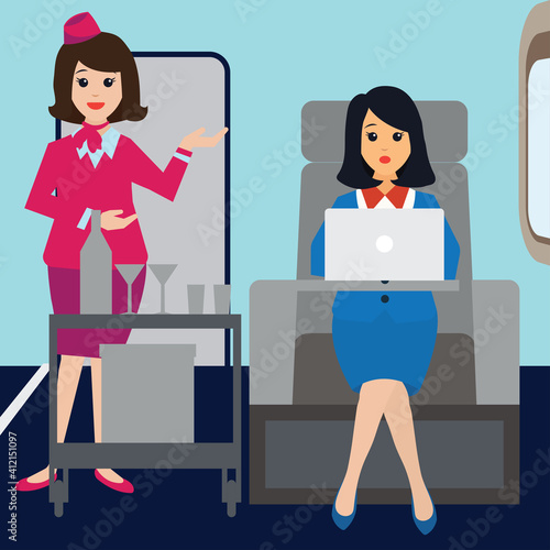 flight attendants on airplane business class cabin with passengers doing work on airplane business class cabin. vector illustration