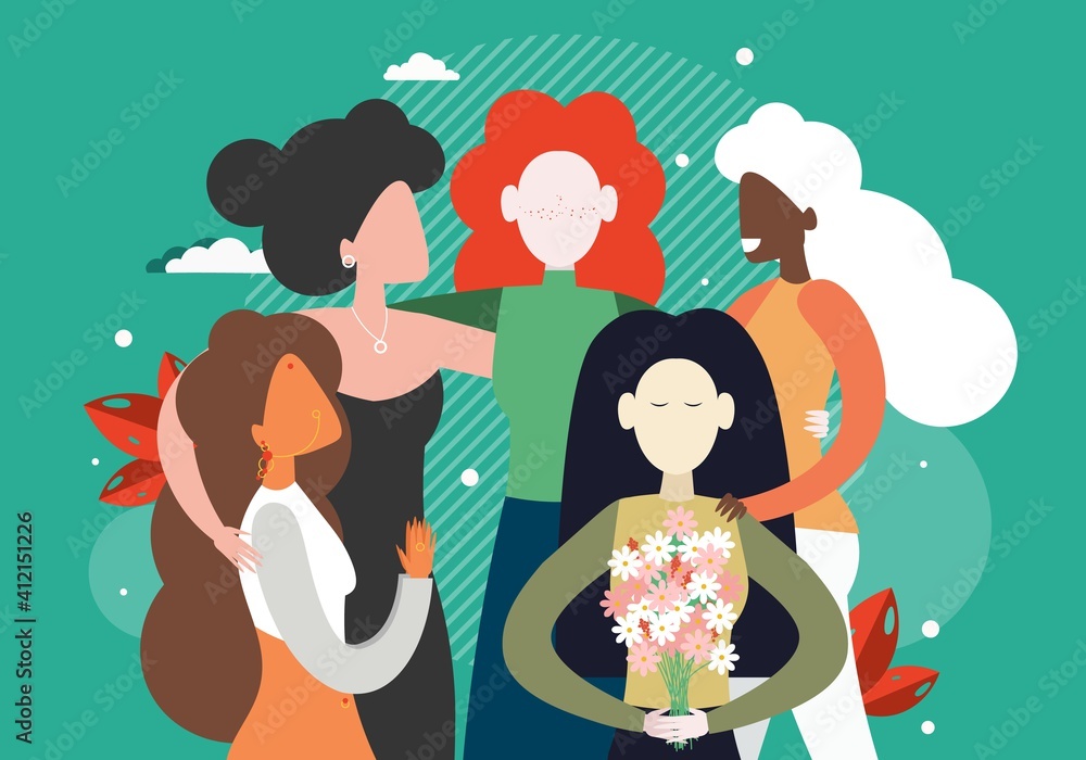 Group of feminists, diverse women hugging together, flat vector  illustration. Feminism, women empowerment, race equality Stock Vector |  Adobe Stock