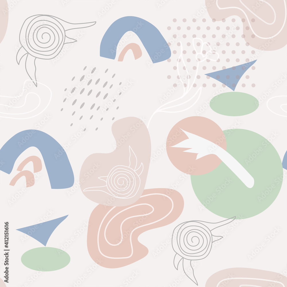 Vector abstract seamless pattern in pastel colors. Modern art in a minimal linear style. Single line floral elements, doodles, minimalistic shapes and colored spots. Balance and harmony