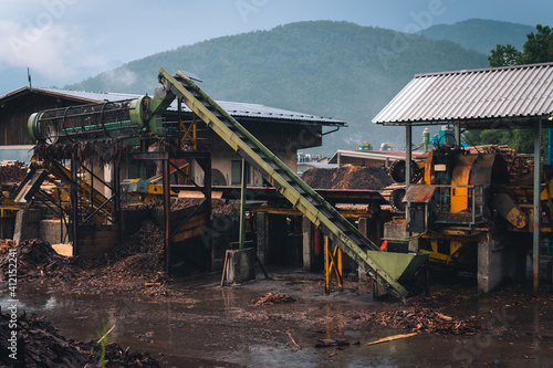 Sawmill. Process of woodworking plant. Consequences of the riot of the elements  hurricane. Outdoor Slowenia