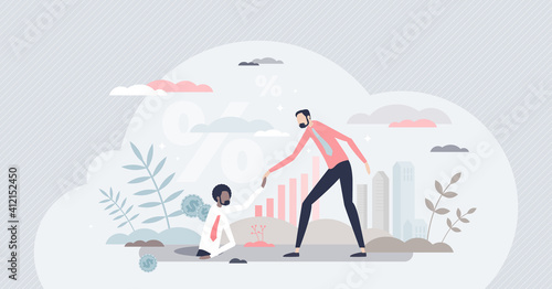 Ask help or financial support in business bankruptcy tiny persons concept