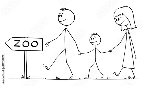 Parents with son or family walking to zoo, vector cartoon stick figure or character illustration.