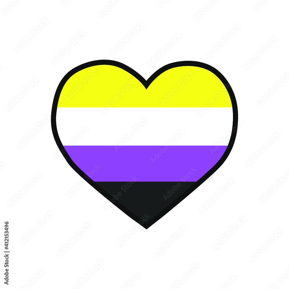 Vector illustration of the heart filled with the Non-binary pride flag on white background. Vector illustration of the heart filled with the Non-binary pride flag on white background.