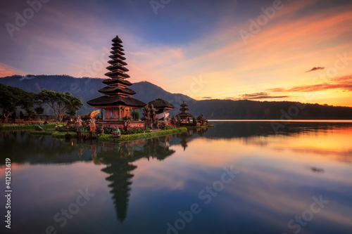 Pura Ulun Danu Bratan, Famous Hindu temple and tourist attraction in Bali, Indonesia. Come in early morning to have beautiful sunrise view photo