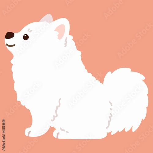 Flat colored simple and adorable Japanese Spitz sitting in side view illustration