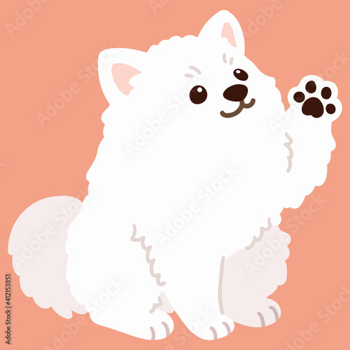 Flat colored simple and adorable Japanese Spitz waving hand illustration