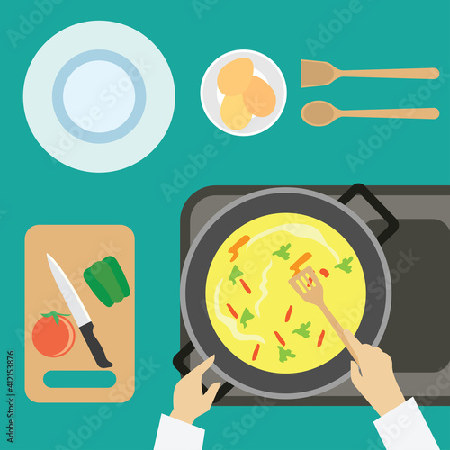 top view of  man working at kitchen table. vector illustration