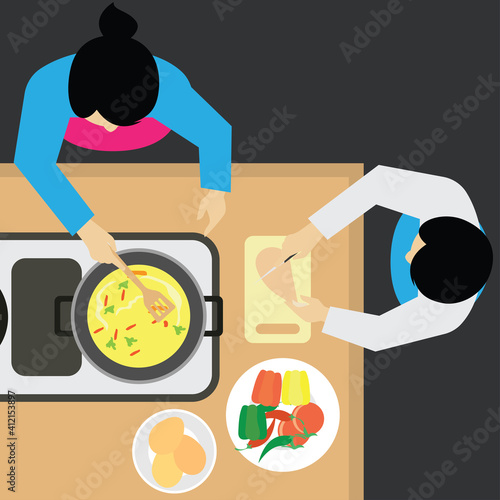 top view of  man and woman working at kitchen table. vector illustration