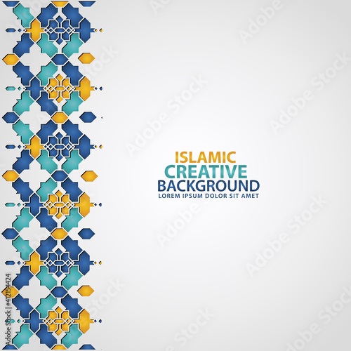 Islamic design greeting card background template with ornamental colorful detail of floral mosaic islamic art ornament