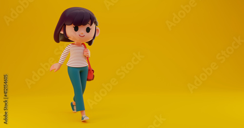 3D render illustration of short hair cute girl, teenager walking and carrying bag with space for text