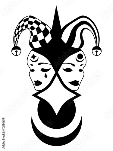 abstract illustration of comedy and tragedy masks in jester hat