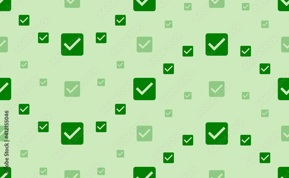 Seamless pattern of large and small green checkbox symbols. The elements are arranged in a wavy. Vector illustration on light green background