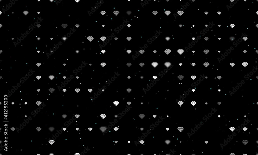 Seamless background pattern of evenly spaced white diamond symbols of different sizes and opacity. Vector illustration on black background with stars