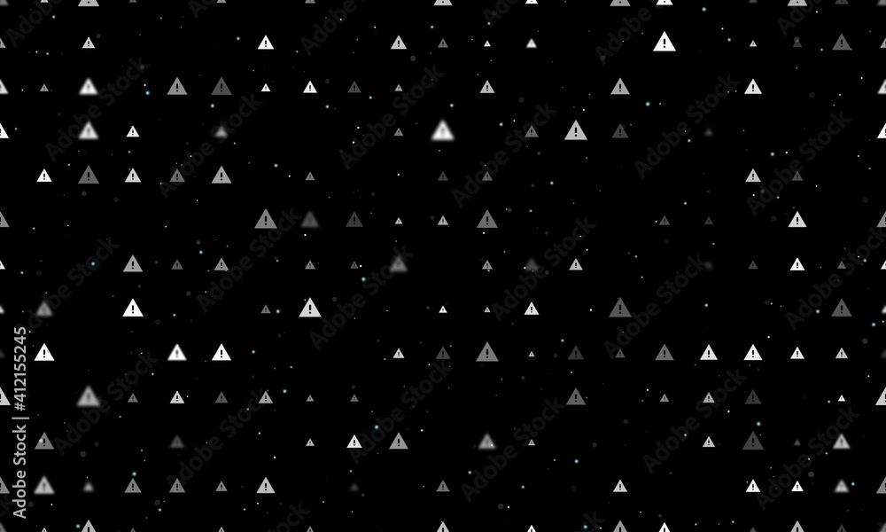 Seamless background pattern of evenly spaced white warning symbols of different sizes and opacity. Vector illustration on black background with stars Seamless background pattern of evenly spaced white warning symbols of different sizes and opacity. Vector illustration on black background with stars