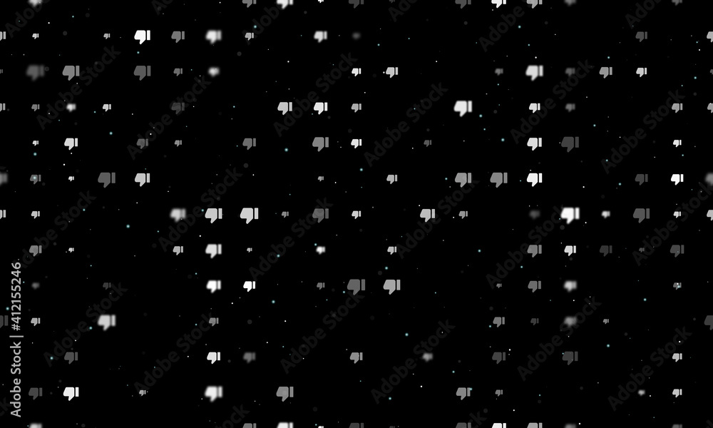 Seamless background pattern of evenly spaced white thumb down symbols of different sizes and opacity. Vector illustration on black background with stars Seamless background pattern of evenly spaced white thumb down symbols of different sizes and opacity. Vector illustration on black background with stars