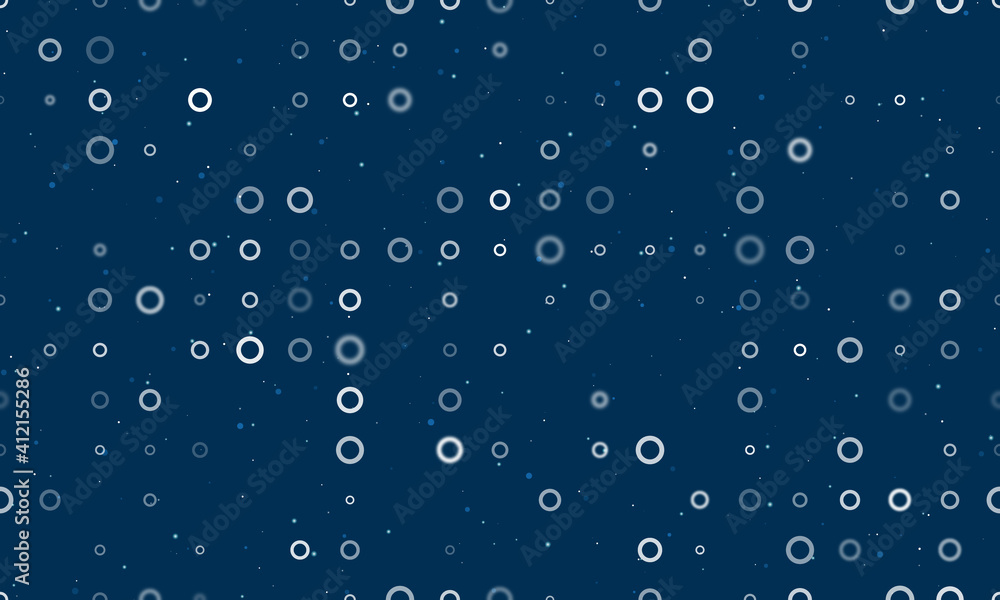 Seamless background pattern of evenly spaced white circle symbols of different sizes and opacity. Vector illustration on dark blue background with stars