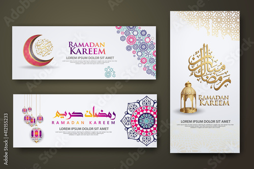 luxury and elegant roll up banner set template, Ramadan Kareem with calligraphy islamic, crescent moon, traditional lantern and mosque pattern texture islamic background