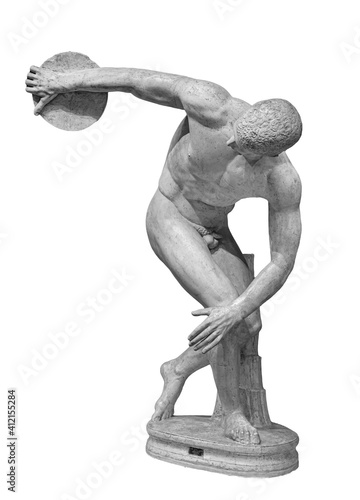 Discus thrower discobolus a part of the ancient Olympic Games. A Roman copy of the lost bronze Greek original. Isolated on white