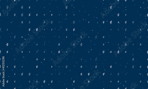 Seamless background pattern of evenly spaced white cent symbols of different sizes and opacity. Vector illustration on dark blue background with stars