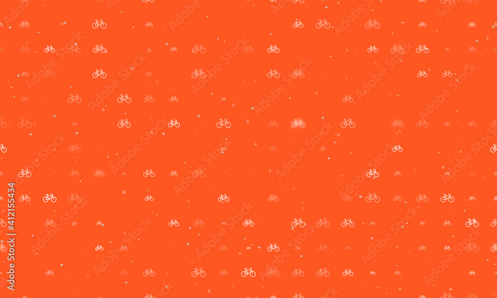 Seamless background pattern of evenly spaced white bicycle symbols of different sizes and opacity. Vector illustration on deep orange background with stars Seamless background pattern of evenly spaced white bicycle symbols of different sizes and opacity. Vector illustration on deep orange background with stars