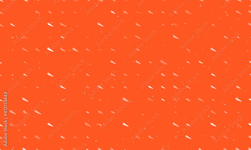 Seamless background pattern of evenly spaced white hand saw symbols of different sizes and opacity. Vector illustration on deep orange background with stars Seamless background pattern of evenly spaced white hand saw symbols of different sizes and opacity. Vector illustration on deep orange background with stars
