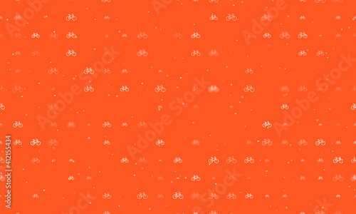 Seamless background pattern of evenly spaced white bicycle symbols of different sizes and opacity. Vector illustration on deep orange background with stars