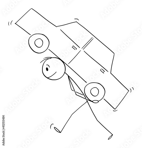 Man or driver carrying car on his back, transportation concept, vector cartoon stick figure or character illustration.