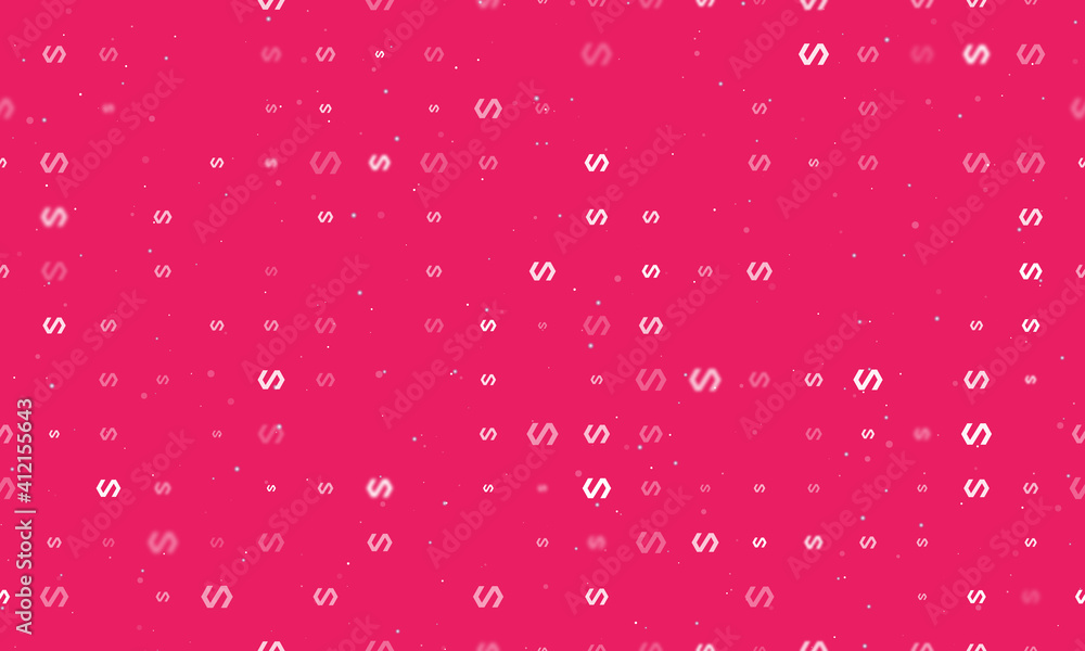 Seamless background pattern of evenly spaced white polymer symbols of different sizes and opacity. Vector illustration on pink background with stars