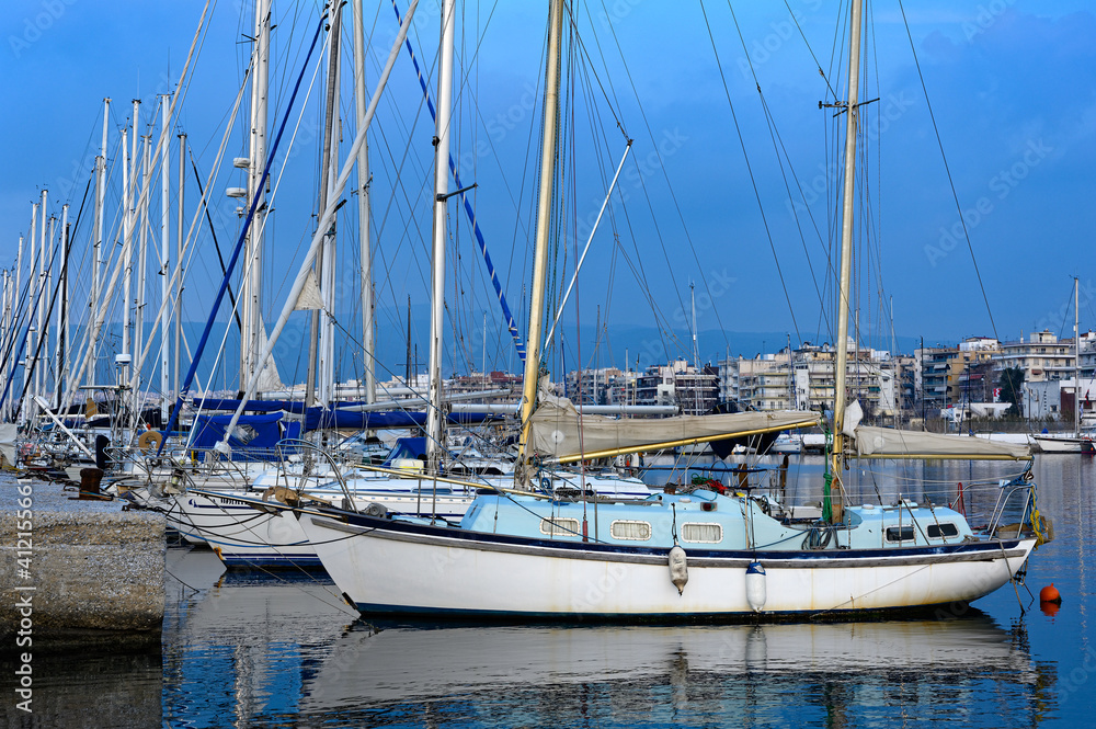 Fototapeta premium Various ships and boats in a marina of Thessaloniki, Greece