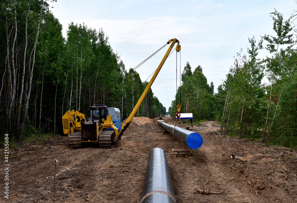 Natural gas pipeline construction work in forest area. Petrochemical ...