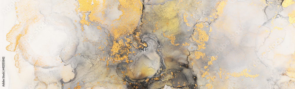 art photography of abstract fluid art painting with alcohol ink, black, gray and gold colors