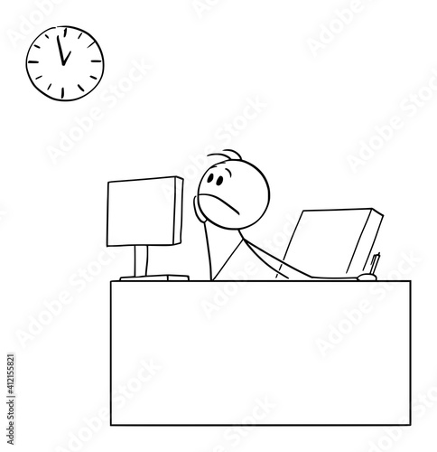 Bored or tired office worker or businessman watching wall clock wanting to go home, vector cartoon stick figure or character illustration.