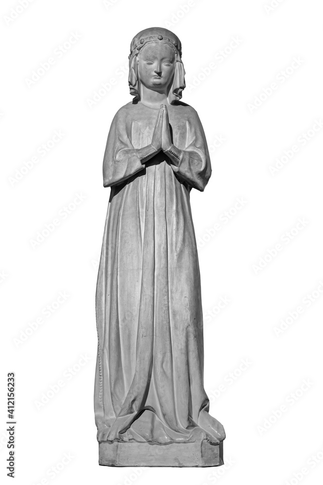 Face of statue of grieving woman isolated on white background. Plaster antique sculpture of young woman. Gypsum copy