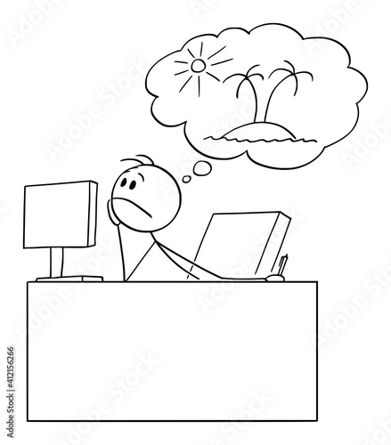 Bored or tired office worker or businessman dreaming or thinking about vacation, vector cartoon stick figure or character illustration.