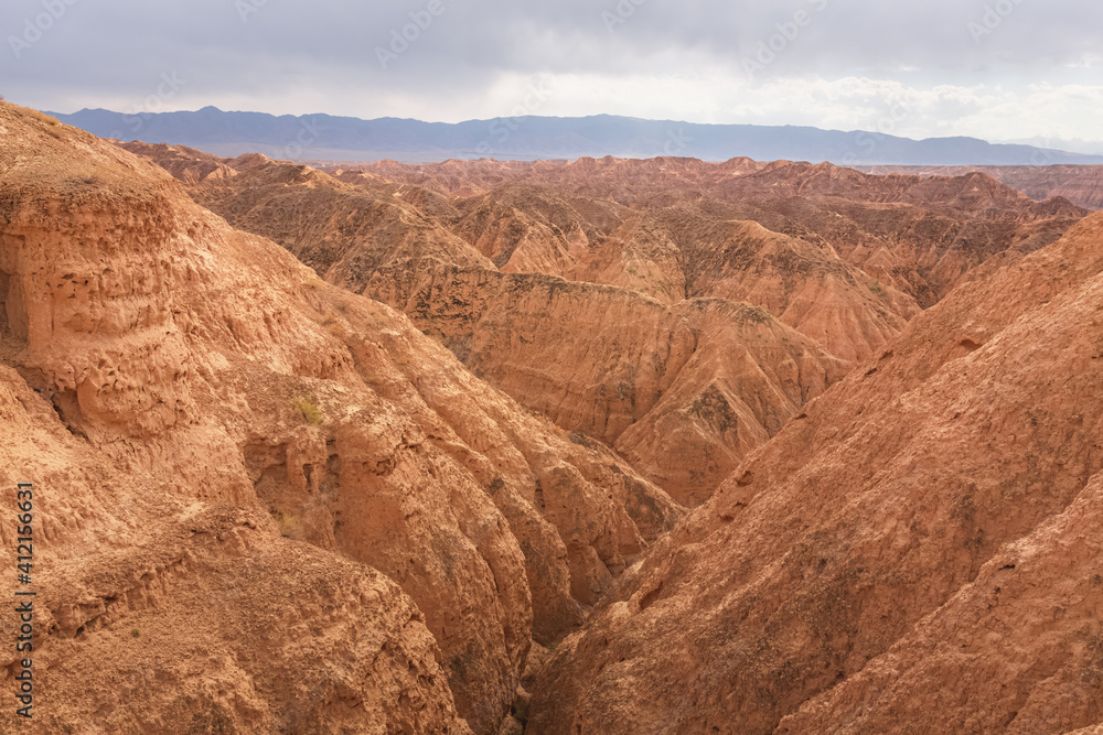 Fototapeta premium Rugged badlands landscape and terrain of Charyn Canyon National Park in the Almaty Province of Kazakhstan.